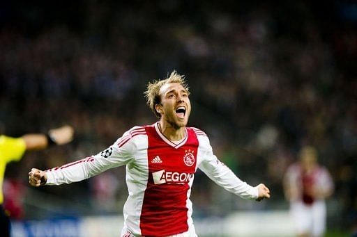 Ajax' Christian Eriksen celebrates after scoring against Manchester City